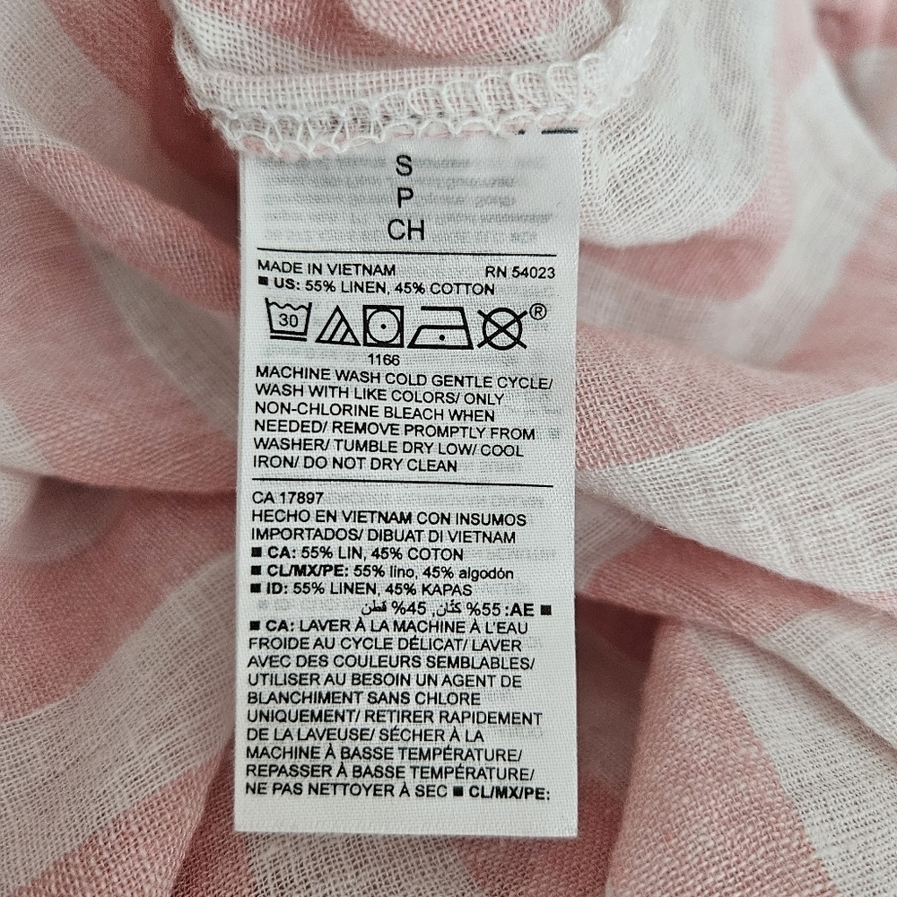 Old Navy Shirt Linen Pink Stripe Short Sleeve Button Up Collared Tie Knot Small - Picture 7 of 8
